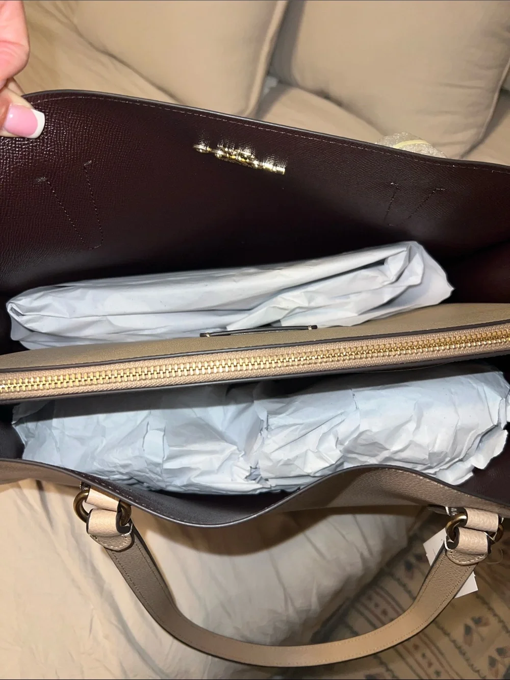 Coach Taupe Pebbled Leather Tote with Floral Charm